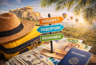 Плоска композиція з туристичними атрибутами — паспорт із написом “Passport”, євробанкноти реальних номіналів, карта міста, квитки та дорожні аксесуари на світлому фоні, що символізують економне планування подорожі.