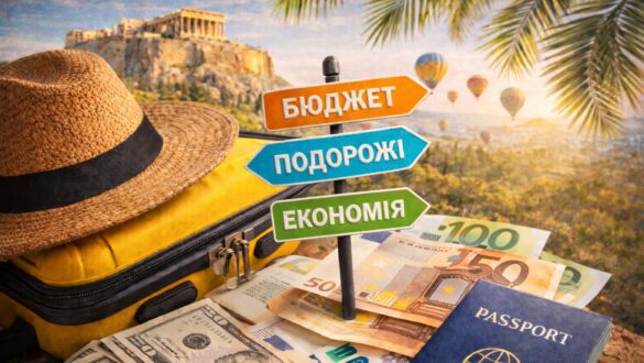 Плоска композиція з туристичними атрибутами — паспорт із написом “Passport”, євробанкноти реальних номіналів, карта міста, квитки та дорожні аксесуари на світлому фоні, що символізують економне планування подорожі.