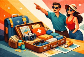 Ілюстрація у стилі mid-century modern: туристична пара поруч із відкритою валізою з речами для подорожі — камерою, аптечкою, картами та аксесуарами.