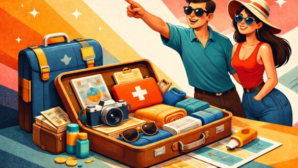 Ілюстрація у стилі mid-century modern: туристична пара поруч із відкритою валізою з речами для подорожі — камерою, аптечкою, картами та аксесуарами.