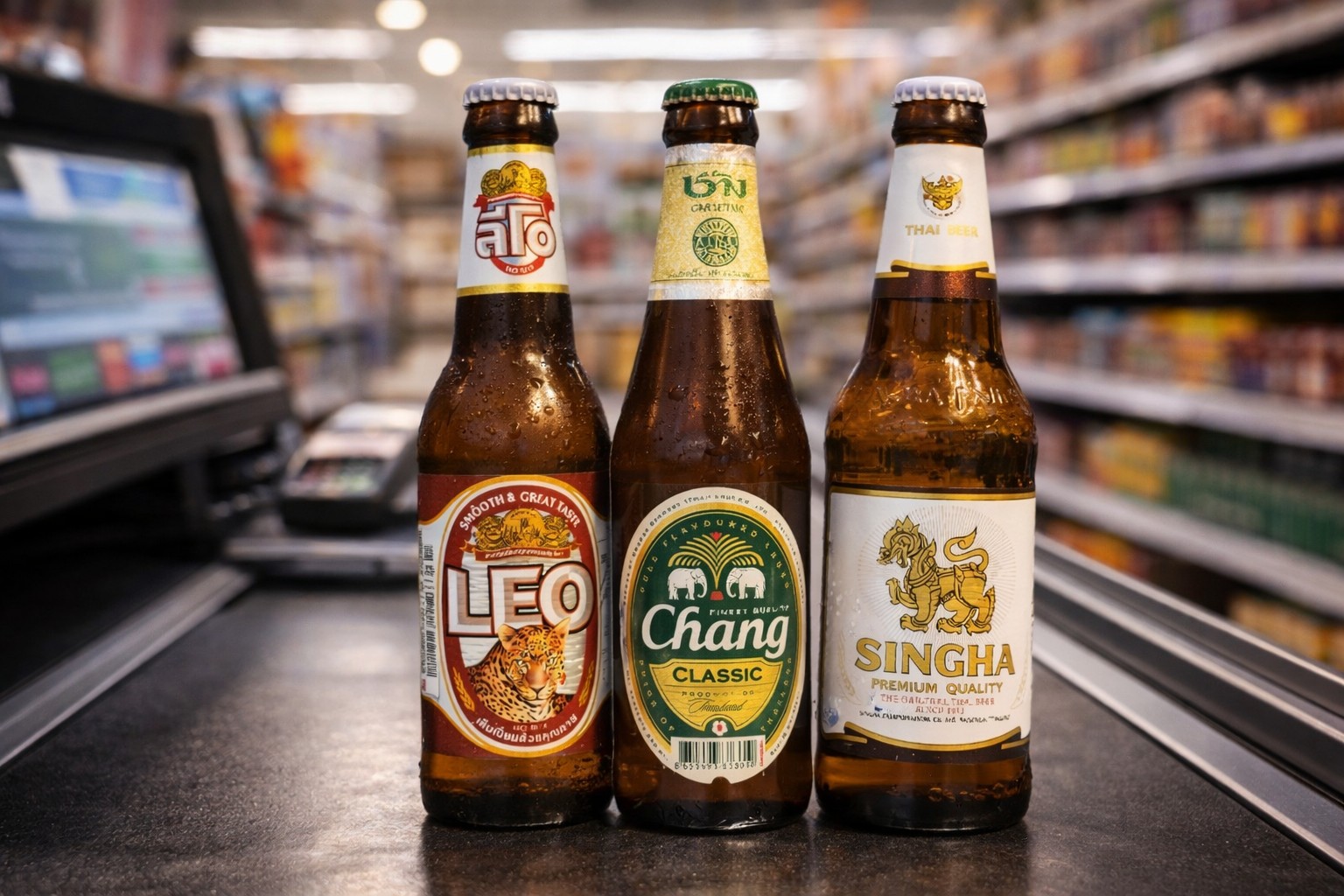 Три пляшки тайського пива (Leo, Chang і Singha) стоять на стрічці супермаркету біля каси, краплі конденсату на склі, розмитий фон магазину, тепле освітлення, реалістичне фото, горизонтальний кадр.