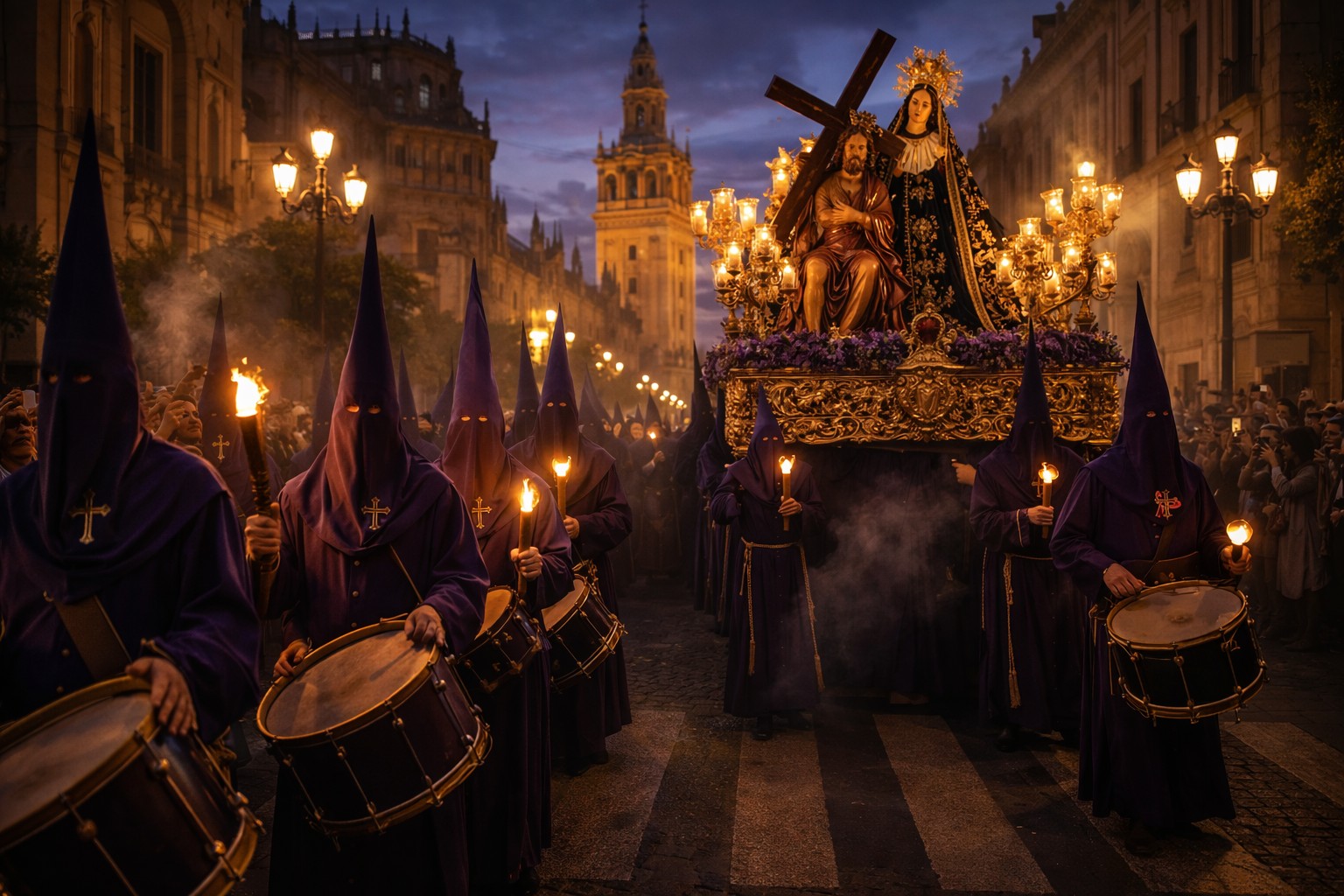 Процесія Semana Santa в Іспанії з учасниками у фіолетових шатах і капюшонах, барабанами та свічками, які супроводжують релігійну платформу на вечірніх вулицях Севільї
