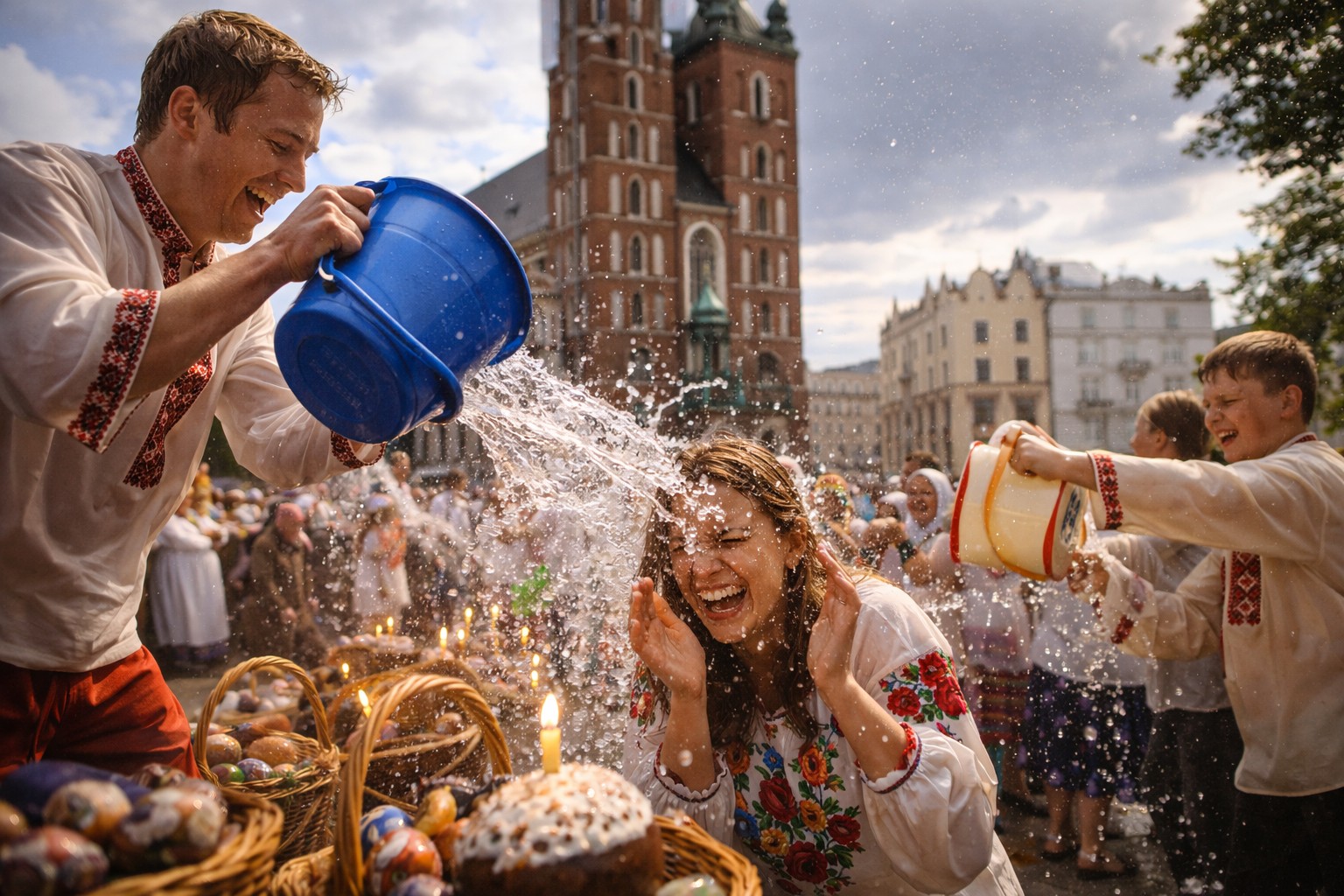 Великодня традиція обливання водою в Польщі, люди у вишитому одязі весело обливають одне одного на площі біля церкви, святкова атмосфера і рух