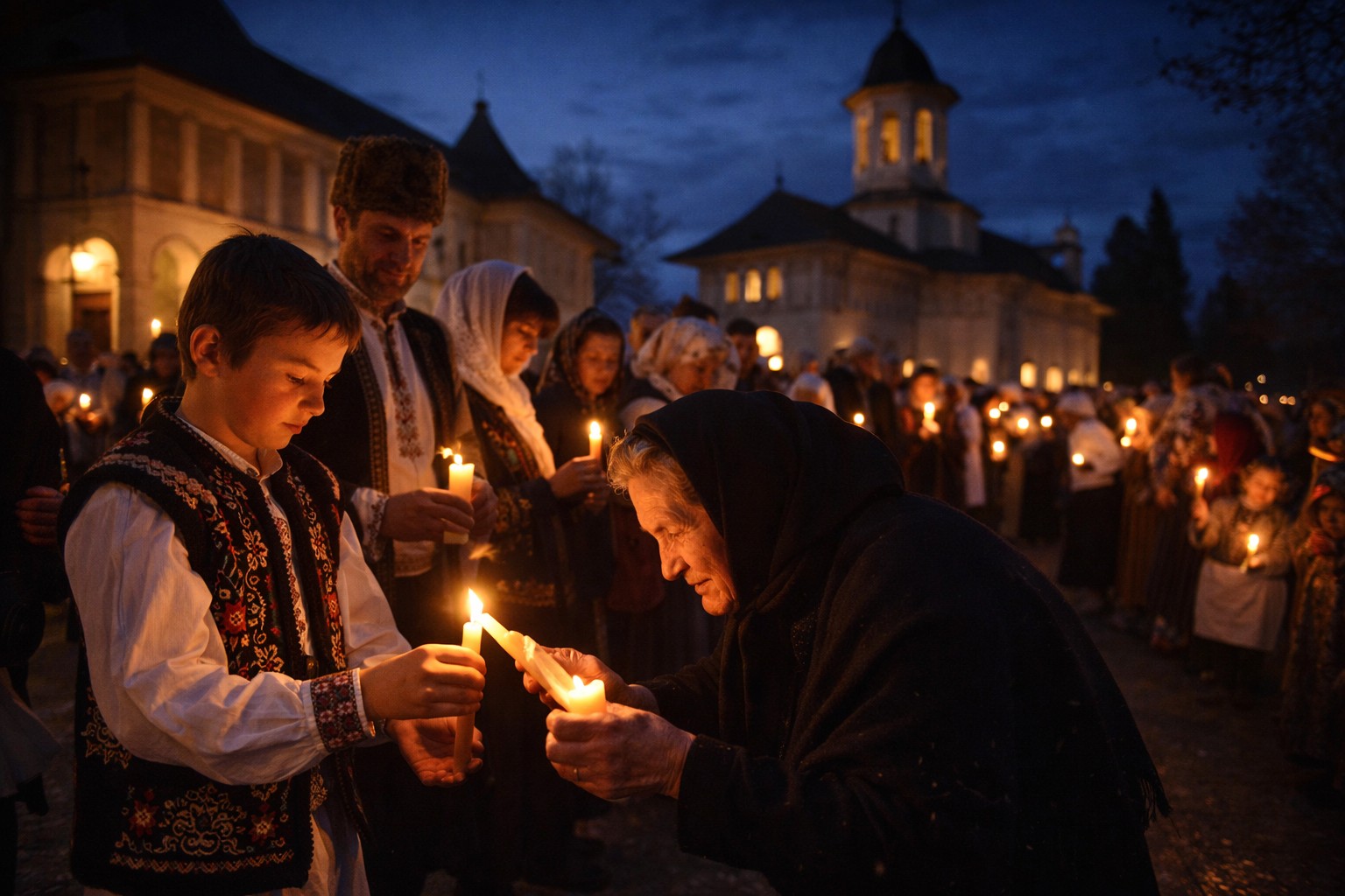 Великодня ніч у Румунії, люди передають запалені свічки біля православної церкви, тепле світло вогню контрастує з темним небом і створює тиху святкову атмосферу