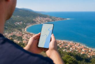 Людина стоїть на височині над морем і тримає сучасний смартфон із відкритою картою навігації; зйомка з-за плеча, у фокусі руки та екран, а на задньому плані м’яко розмиті синє узбережжя, вигнута берегова лінія, невелике місто з черепичними дахами й зелені пагорби під чистим денним небом.