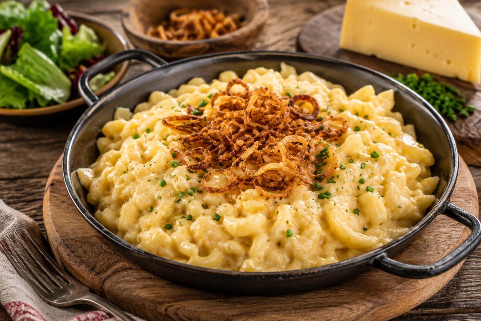 Кезешпецле (Käsespätzle) — традиційна австрійська страва з домашніх шпецле, запечених із розплавленим альпійським сиром і хрусткою смаженою цибулею, подана на чавунній пательні в затишному альпійському ресторані.