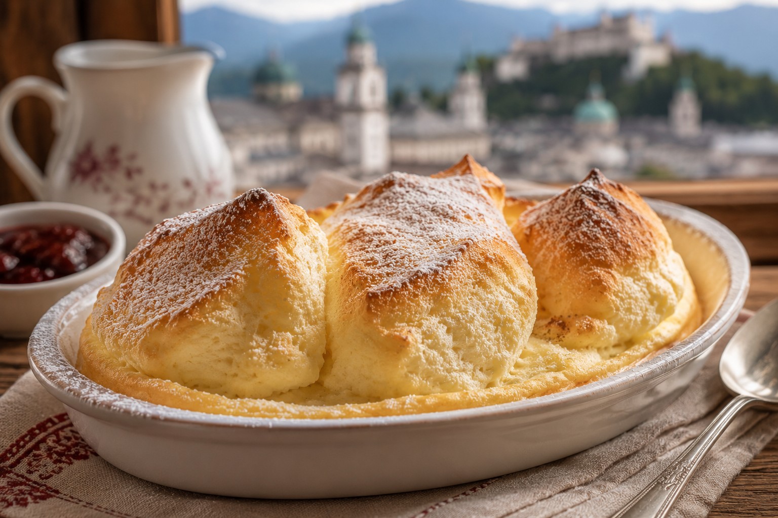 Зальцбурзькі нокерльн (Salzburger Nockerl) — традиційний австрійський десерт із трьох пухких запечених ванільних суфле, щедро присипаних цукровою пудрою, поданий у керамічній формі з ягідним соусом на тлі панорами Зальцбурга.