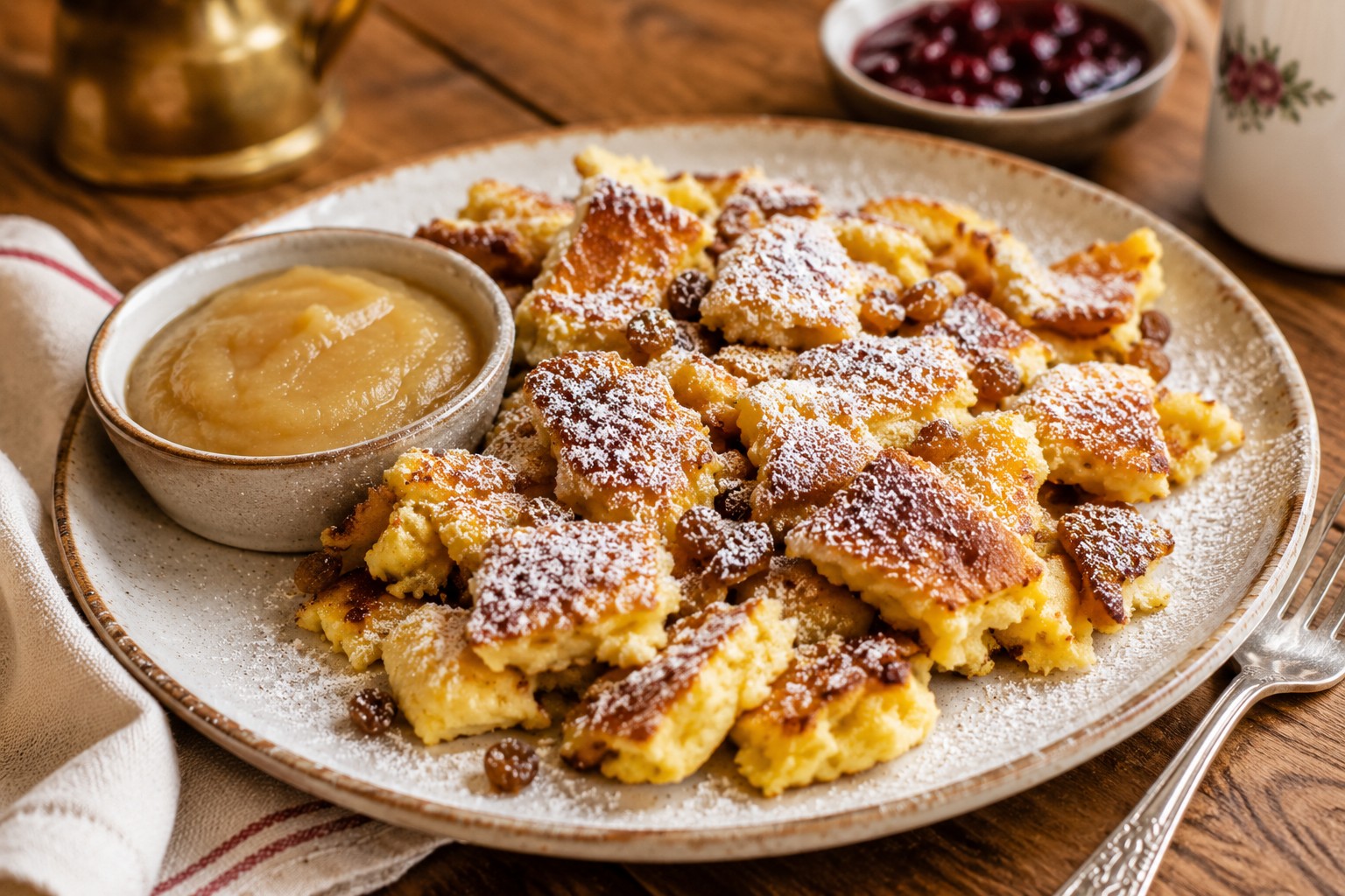 Кайзершмаррен (Kaiserschmarrn) — традиційний австрійський десерт із рум’яних шматочків пухкого карамелізованого млинця, посипаних цукровою пудрою, поданий з яблучним пюре та ягідним конфітюром на дерев’яному столі.