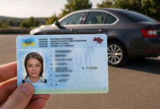 Рука тримає українське водійське посвідчення із розмитими персональними даними на тлі автомобіля, що стоїть боком біля дороги, у сонячний день.
