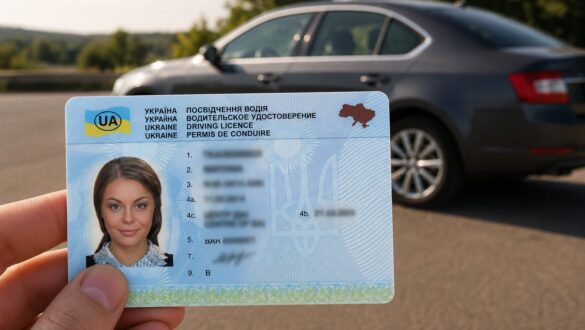Рука тримає українське водійське посвідчення із розмитими персональними даними на тлі автомобіля, що стоїть боком біля дороги, у сонячний день.